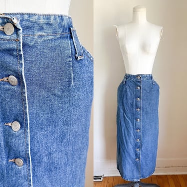 Vintage 1990s Denim Button Front Maxi Skirt / 28