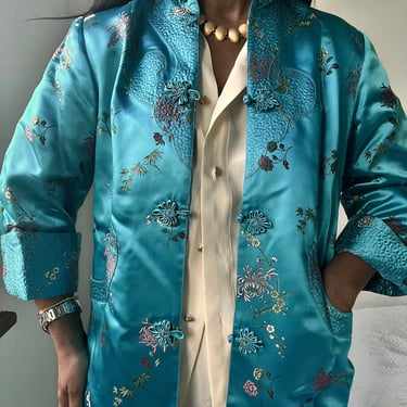 vintage chinoiserie satin 40s 50s  floral jacquard lounging quilted jacket 