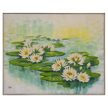 Large Abstract Waterlilies Painting Oil on Canvas, Signed Anderson, Circa 1970s