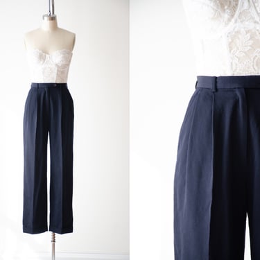 high waisted pants | 90s vintage Valerie Stevens navy wool gabardine dark academia pleated wool trousers 