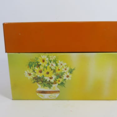 Vintage Orange Yellow Daisies Tin Recipe Box - 1970s Floral Ohio Art Recipe Box 