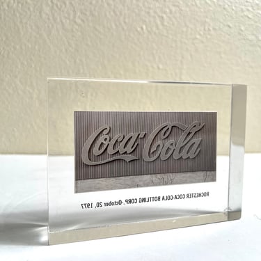 Vintage 1977 Rochester Coca-Cola Bottling Corp Lucite Paperweight 