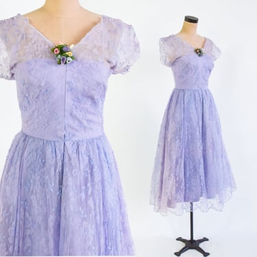 1940s Lavender Purple Lace Evening Dress | 40s Lavender Pastel Lace Cocktail Dress | Small 