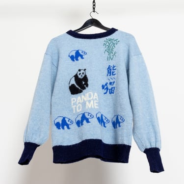 WOOL PANDA SWEATER knitwear jumper vintage cozy fall winter baby blue women / Medium 
