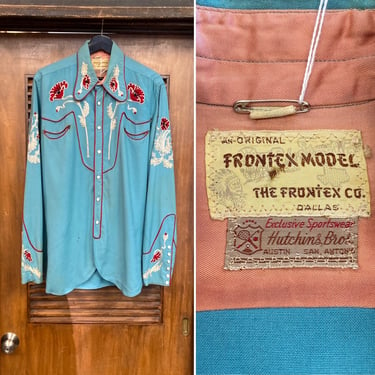 Vintage 1940’s “Frontex” Amazing Embroidery Western Cowboy Rayon Rockabilly Shirt, Pearl Snap Buttons, 40’s Vintage Clothing 