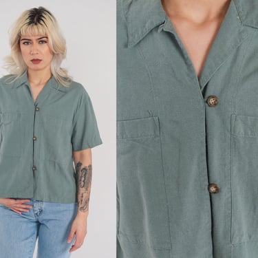 Green Silk Blouse 80s Button Up Shirt Retro Plain Simple Short Sleeve Top Chest Pocket Preppy Basic Collared Minimal Vintage 1980s Small S 