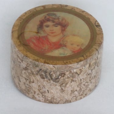 Edna Hibel Brown Marble Mother and Child Cameo Trinket Box 3765B