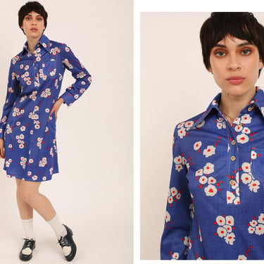 Vintage 1970s 70s Blue Psychedelic Floral Button Up Long Sleeve Dagger Collar Shift Mini Dress 