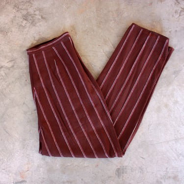 90s does 50s Side Zip Brown Linen Cigarette Pants with Pink and White Pinstripe 29 Waist 