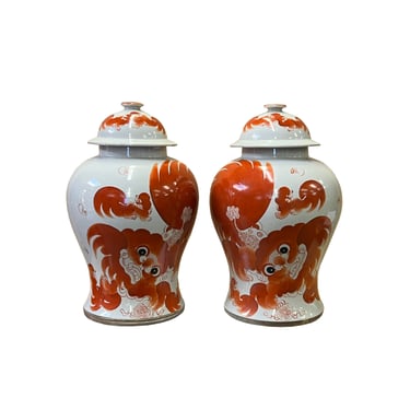 Pair Chinese Oriental Ceramic White Base Orange Foo Dog Temple Jars ws2549E 