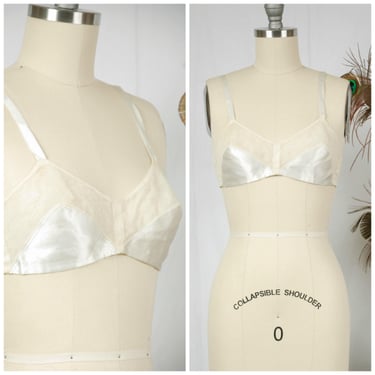 Vintage 1930s Bra - Gorgeous Parisian Made Early 30s Bra of Sheer Mesh and White Satin Size 32 