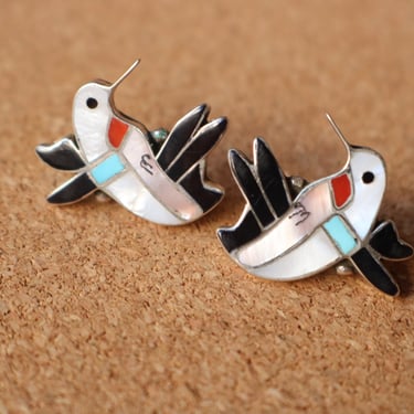 Hummingbird Earrings / Southwest Bird Jewelry / Vintage Stone Inlay Earrings 