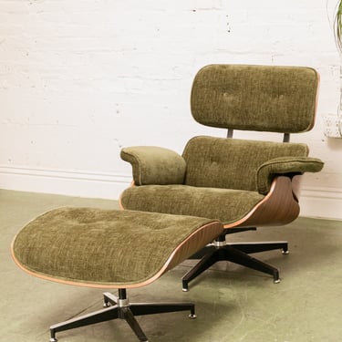 Green Reupholstered Lounge Chair & Ottoman