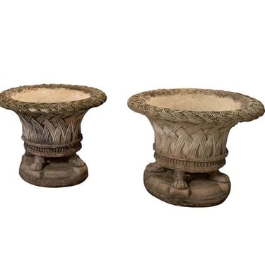 Pair of Stone Basket Weave Urns on Lions Paw Feet