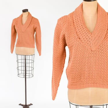 1960s Tan V-Neck Sweater | 60s Cowl Neck Sweater | White Stag | Medium 