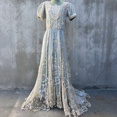 Vintage 1940s Dress Made with Antique Victorian Embroidered Net Lace Train Blue