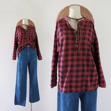 long sleeve henley - m - vintage 90s womens long sleeve cotton knit casual shirt top blouse pink black check plaid 