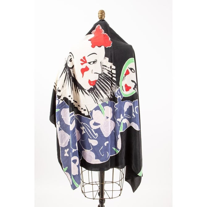 Vintage Michaele Vollbracht hand painted silk scarf / 1970s Clown with Irises 