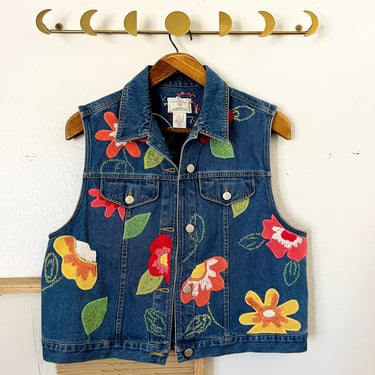 90s Denim Flower Embroidered Hippie Granola Button Front Vest 