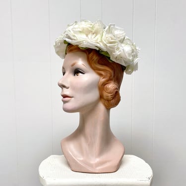 Vintage 1960s White Floral Hat, Mid-Century Garden Party, 60s Spring Summer Wedding, One Size 