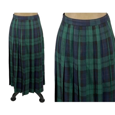27 Waist-Small 70s Pleated Plaid Maxi Skirt - Green Navy Tartan High Waisted Long A Line - 1970s Clothes Women Vintage ILGWU from MICHELE 
