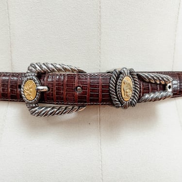 brown alligator belt | 90s vintage Brighton Museum Collection Greco-Roman coin medallion leather statement belt 