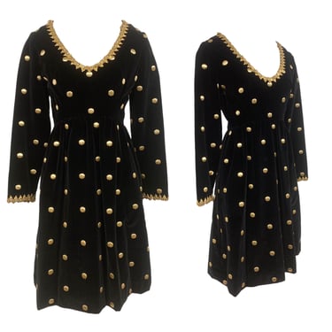 Vtg Vintage 1960s 60s Black Velvet Gold Polka Dot Embroidered Embellished Dress 
