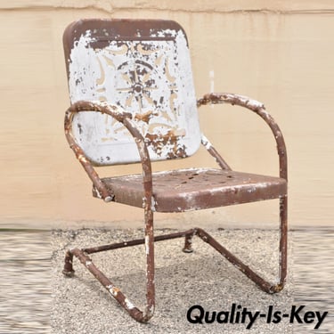 Antique Art Deco Basketweave Brown Distress Paint Bouncer Garden Lounge Chair