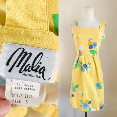 Vintage 1970s Malia Yellow Floral Sundress / S/M 