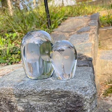 Vintage Pair Art Glass Owl Paperweights Statuette Abstract Sculpture Scandinavian Design 