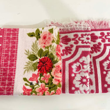 Vintage Cotton Bath Towels St. Mary's Sears Drylon Bathroom Mismatched Set of 3 Hand Body Towel Pink Floral 1960s 