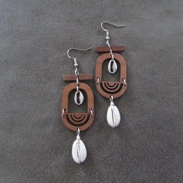 Unique geometric wooden and cowrie shell earrings 