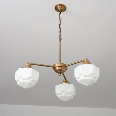 Historic Style Chandelier - White Glass - Brass Lighting - Dining Room Light - Art Deco Shades 