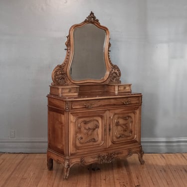 1920's French Hand Carved Louis XV Style Walnut Rocaille Buffet w/ Mirror