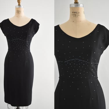 1950s R&K Originals Black Wiggle Dress with Blue Rhinestones 