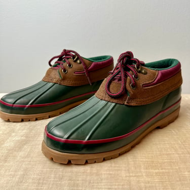 Vintage 90’s Rubber booties~ Preppy dark green & pink Rain boot- shoes~ ultimate preppy footwear 80’s- 1990’s trends size 7.5- 8 M 