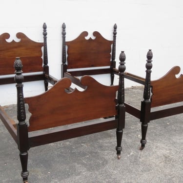 Early 1900s Solid Mahogany Pair of Twin Size Tall Poster Beds 3002