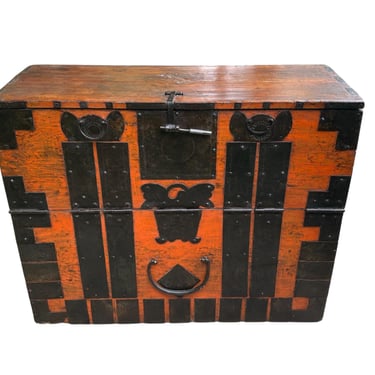 19th Century Korean Tansu Chest – Dowry Chest in Faded Orange Lacquer with Hand-Forged Ironwork. 