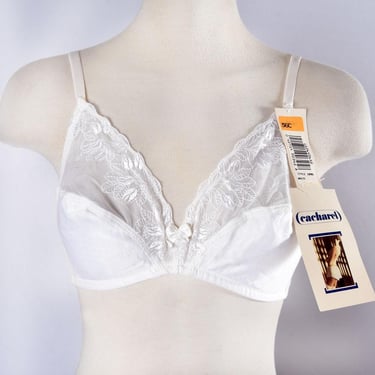 Vintage CACHAREL 36C Bra White Lace Soft Cup Designer Lingerie 1970's, 1980's Dead Stock, New with Original Tags 