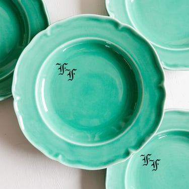 set of 4 antique teal french monogrammed "ff" proceram plates