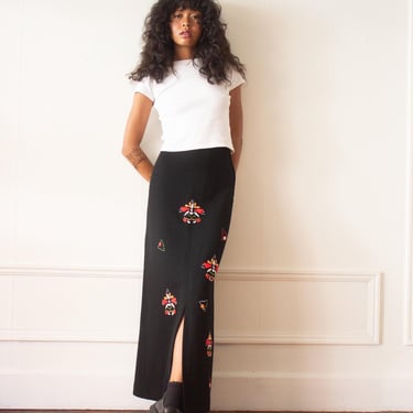 Early 1970s "It's Rich" Wool Embroidered Maxi Skirt 