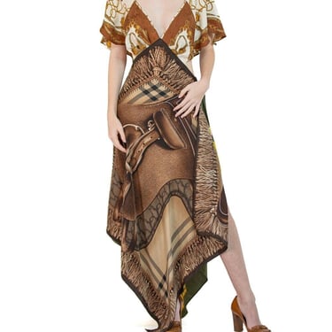 Morphew Collection Brown  Cream Equestrian Print  Silk Longchamp 3-Scarf Dress 
