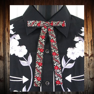 String Tie for Western Shirts, Embroidered Red Roses, | Show In