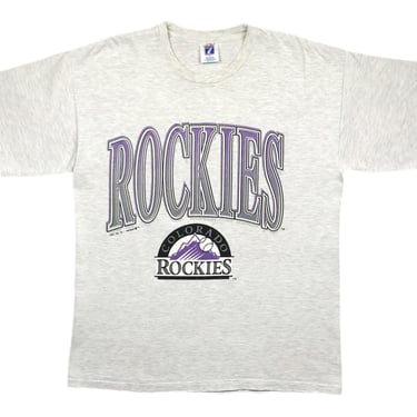 Vintage 90s Logo 7 Colorado Rockies Big Logo Spell Out Made in USA MLB Graphic T-Shirt Size Large 