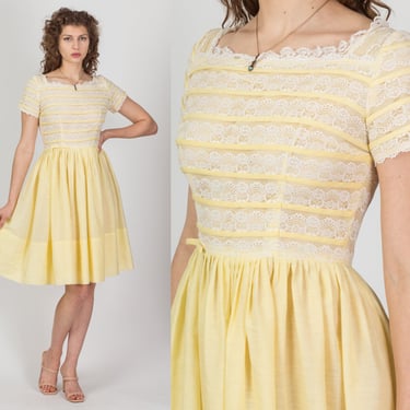 60s Yellow Scalloped Lace Party Dress - Small to Medium | Vintage Short Sleeve Mini Fit & Flare 