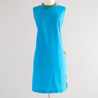 Adorable 1960's Turquoise Blue & Green Cotton Shift / Sz ML