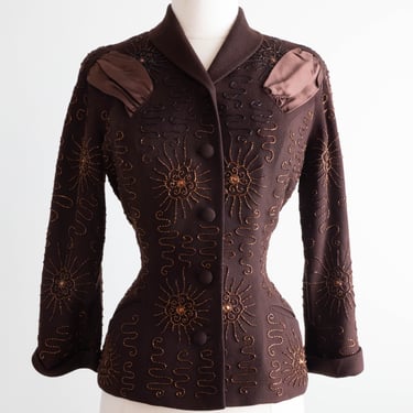 Gorgeous Late 1940's Mahogany Wool Fully Beaded Jacket By Don Loper / Small