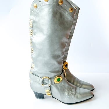 1980s Bejeweled Silver Cowboy Boots, sz. 6.5