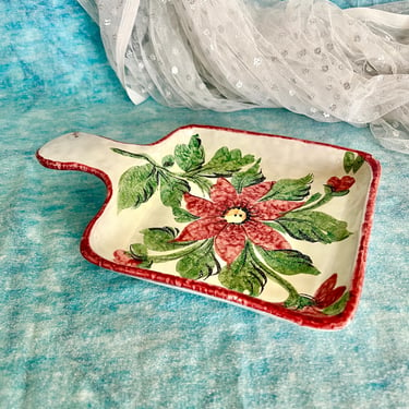 Vintage Ceramic Pottery Dish, Poinsettias, Made in Italy, Hand Painted, Holiday Candy Dish, Christmas Decor, Trinket Dish 