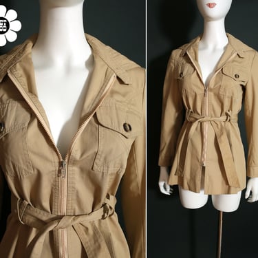 Chic Vintage 60s 70s Tan Long Jacket with Hood 